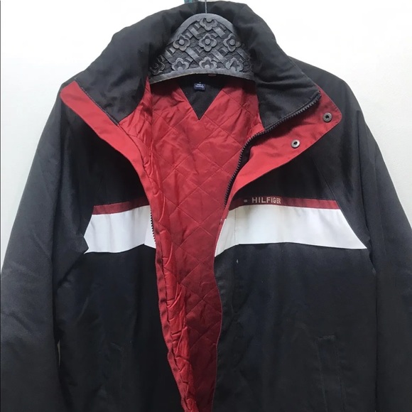 Tommy Hilfiger Men’s Sport Coat Windbreaker Detachable Hood Black Red White M - Picture 5 of 12